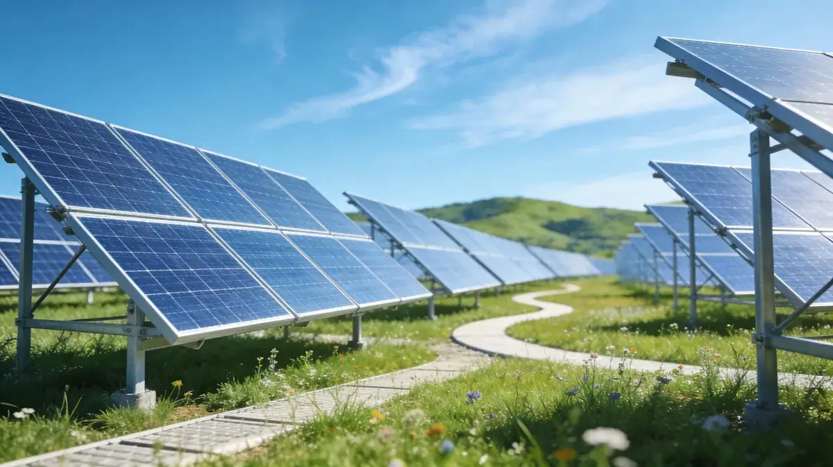 Rows of photovoltaic solar panels installed on a green field with a winding stone pathway and hills in the background