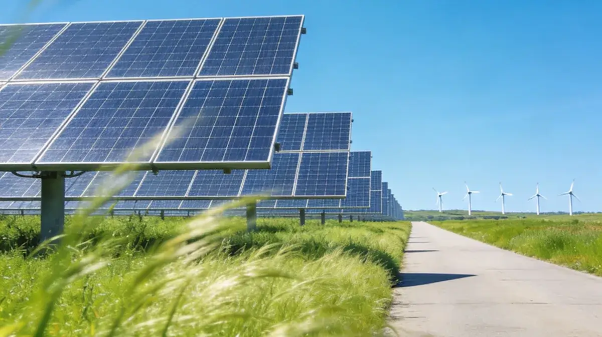 A row of large solar panels set up in a grassy field along a paved road with wind turbines visible in the distance under a clear blue sky