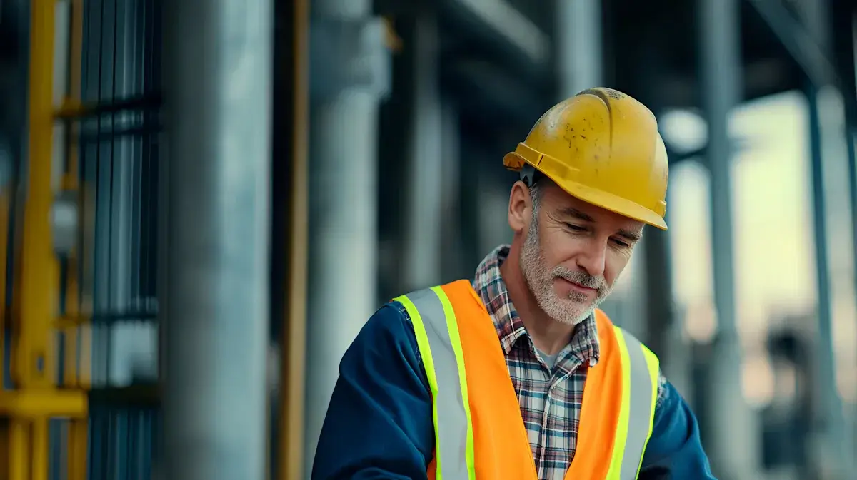 Close-up of a middle-aged male factory worker wearing a yellow hard hat and high-visibility safety vest