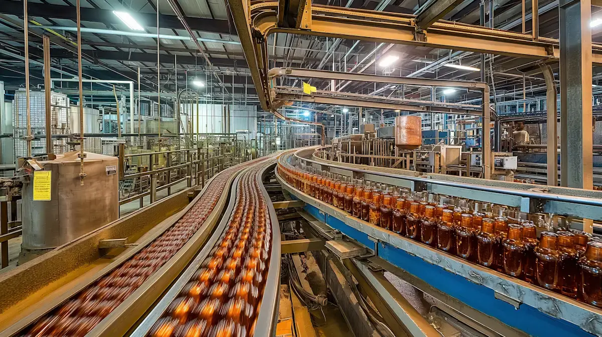 Automated conveyor belt system moving brown glass bottles through a large industrial bottling plant