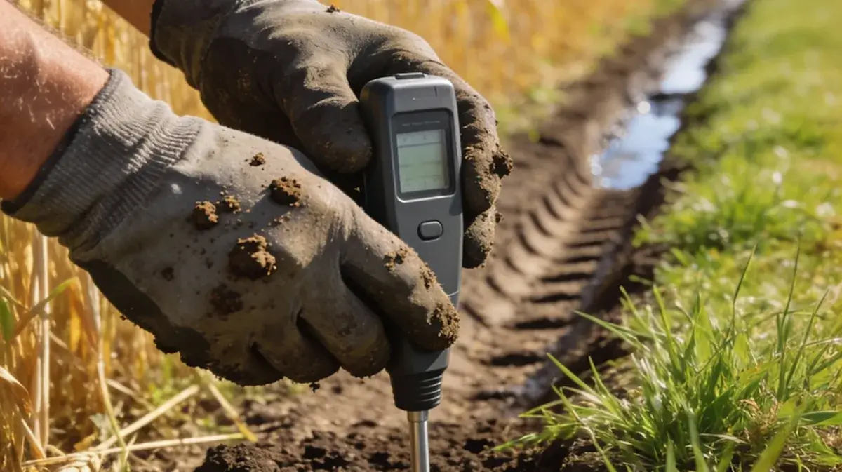 Close-up of gloved hands inserting a digital soil testing meter into the ground near a farm field