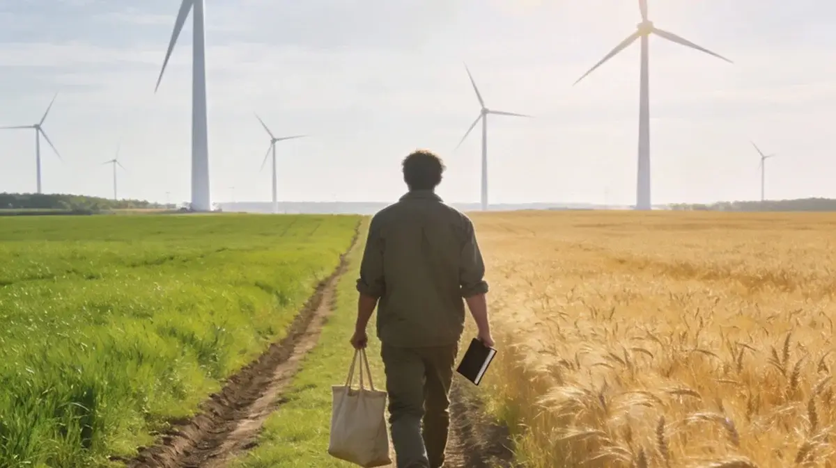 Rear view of a man walking along a path separating green and golden crop fields with wind turbines in the background