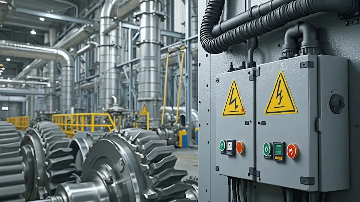 Electrical control boxes with high voltage warning signs positioned next to heavy industrial machinery and metal gears