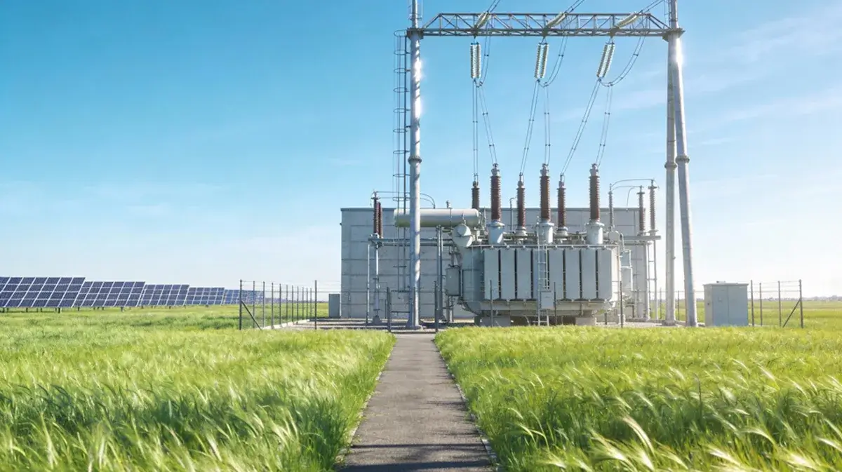 An electrical power substation and transformer station situated next to a solar panel field in a green grassy meadow