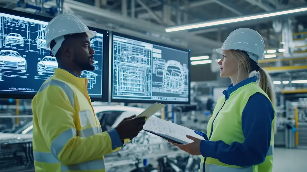A male and female engineer wearing hard hats and safety vests discussing automotive digital blueprints displayed on large monitors