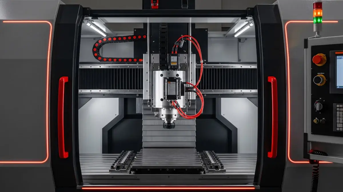 Front view of an automated CNC milling machine with a control panel inside a modern manufacturing factory