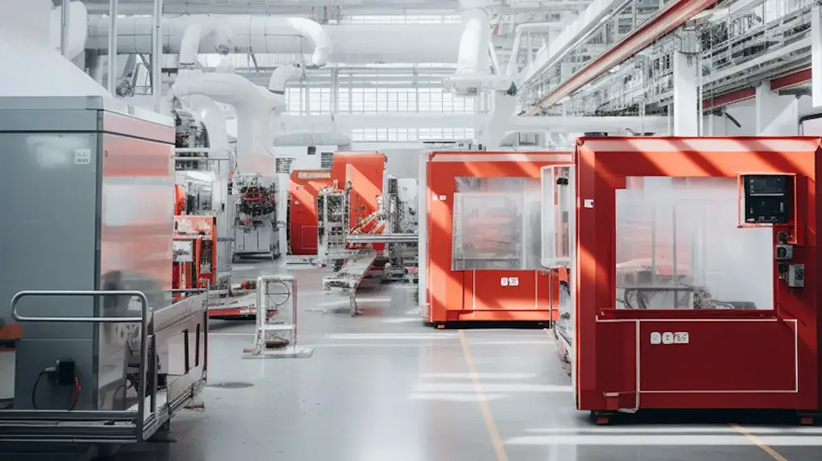 Spacious interior of a modern manufacturing plant featuring large red production machinery and clean white floors