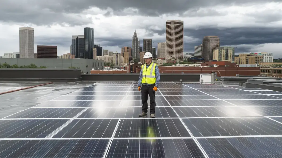 A solar technician wearing a hard hat and safety vest standing on a rooftop installed with solar panels, facing a city skyline