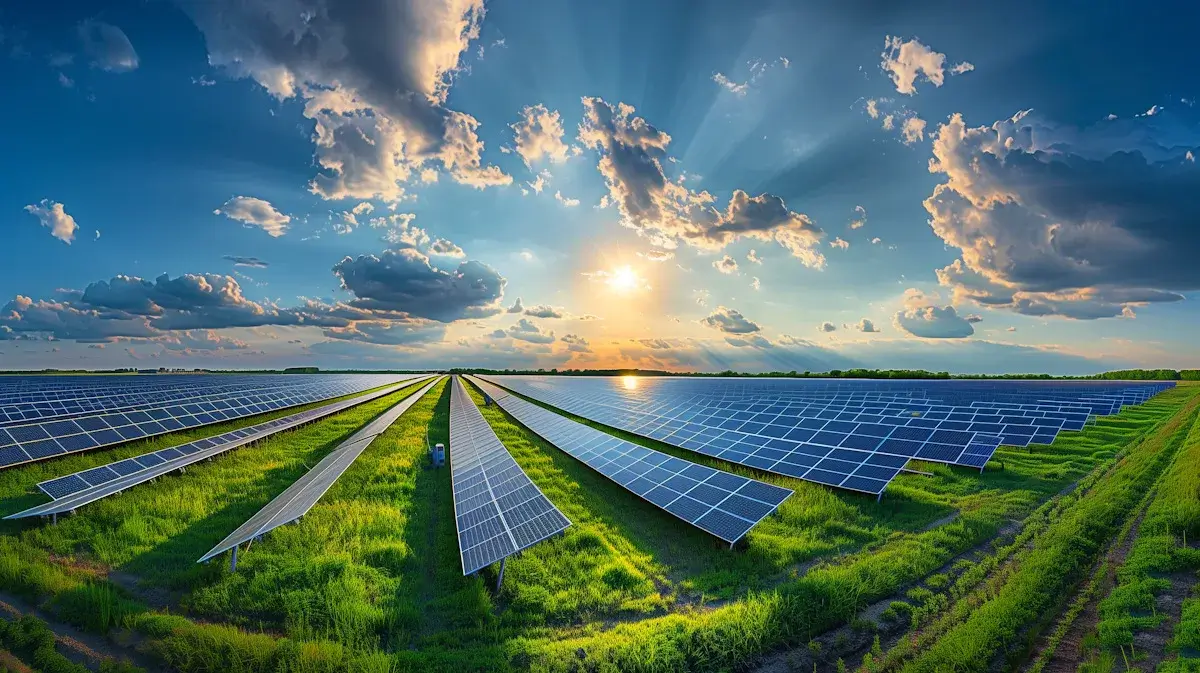 Wide aerial view of a massive solar farm array set on a green field under a dramatic sunlit cloudy sky
