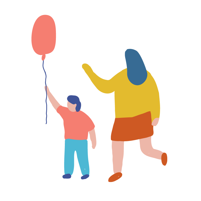 Illustration of a child holding a red balloon beside a parent