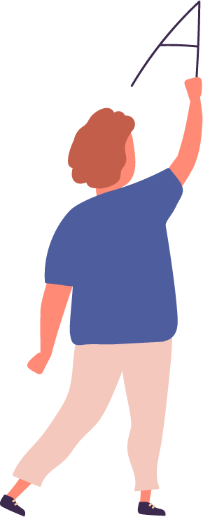 Illustration of a child seen from behind, holding a stick up high