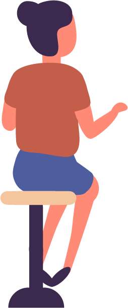 Illustration of a woman sitting on a stool, mid-conversation