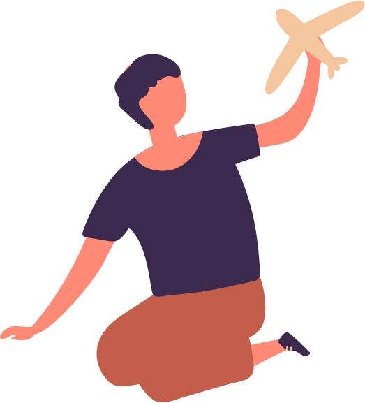 Illustration of an adult kneeling on the floor, playing with a toy airplane