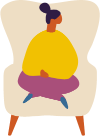 Illustration of a person sitting cross-legged in a big armchair