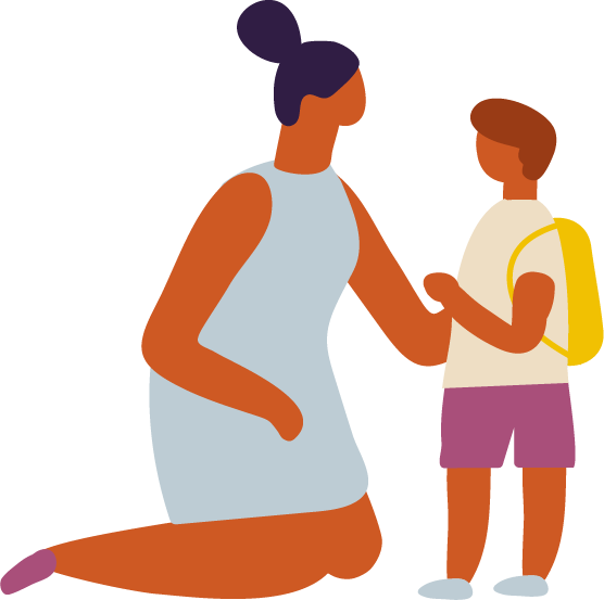 Illustration of a parent kneeling to talk with a child wearing a backpack