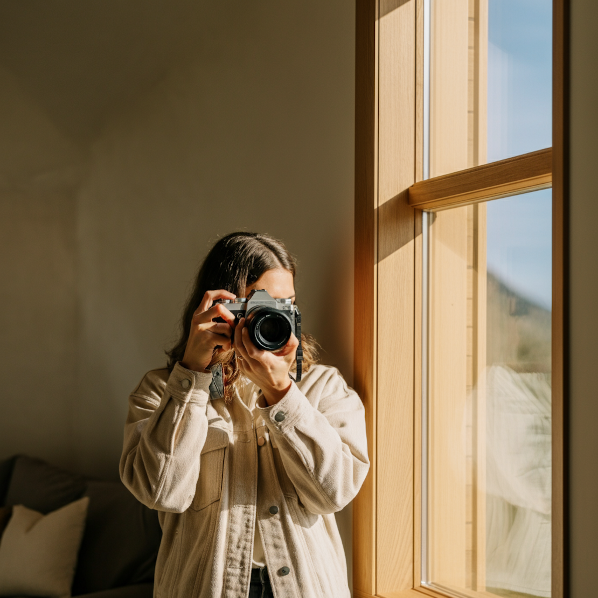 Person holding a camera beside a window