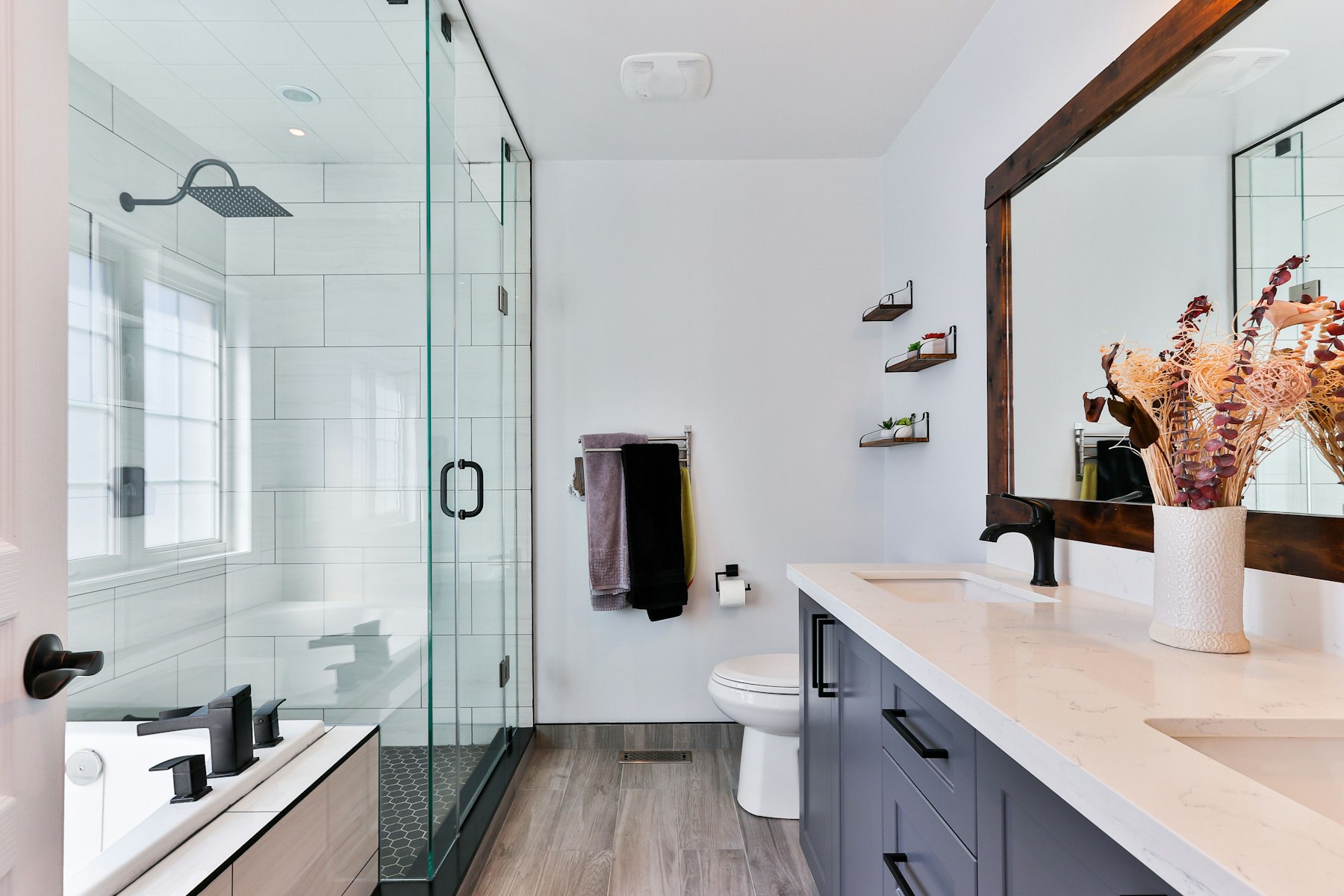 Modern bathroom with glass shower and vanity