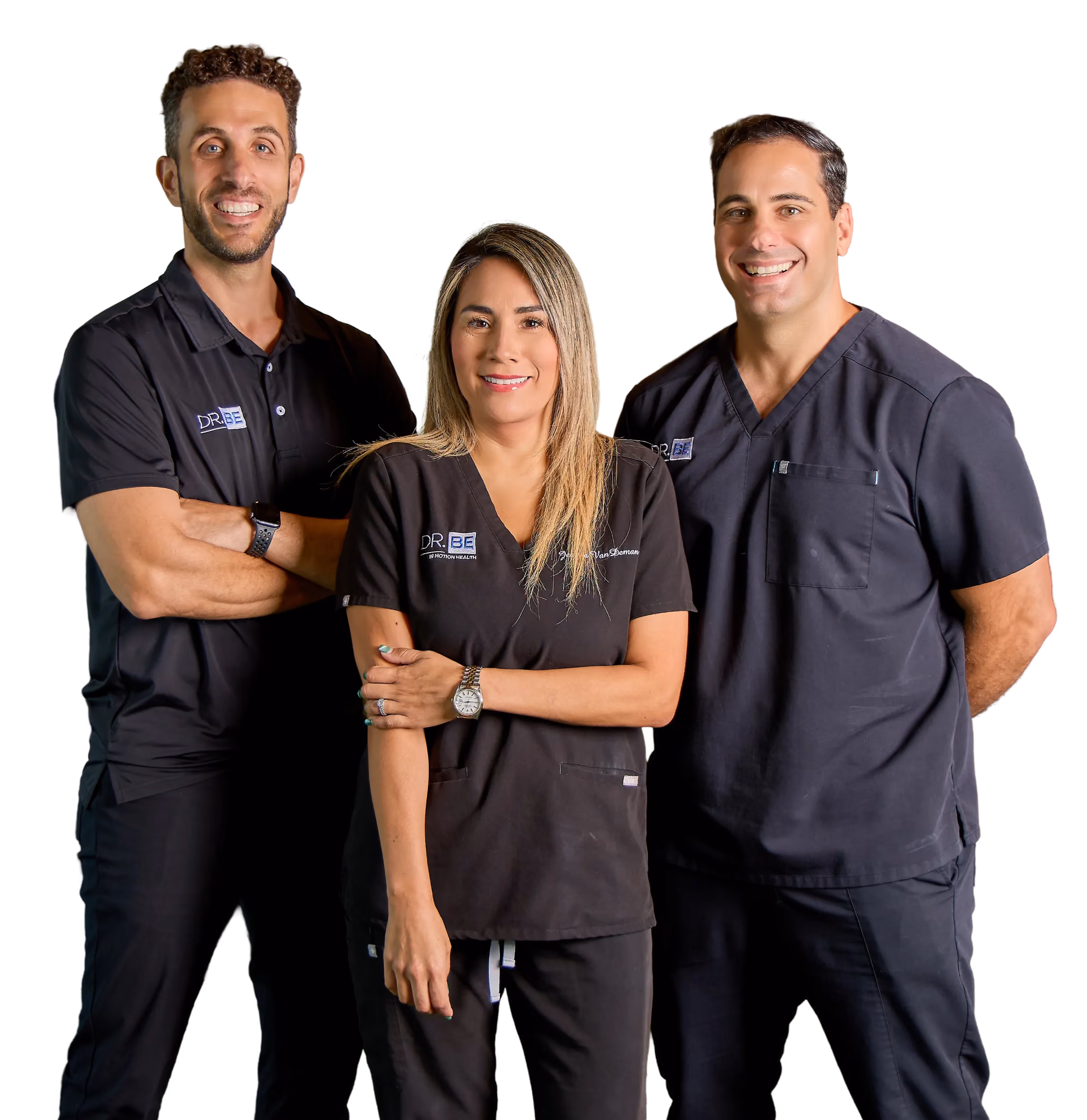 Three smiling medical professionals wearing black scrubs with DR. BE logos pose against a black background.