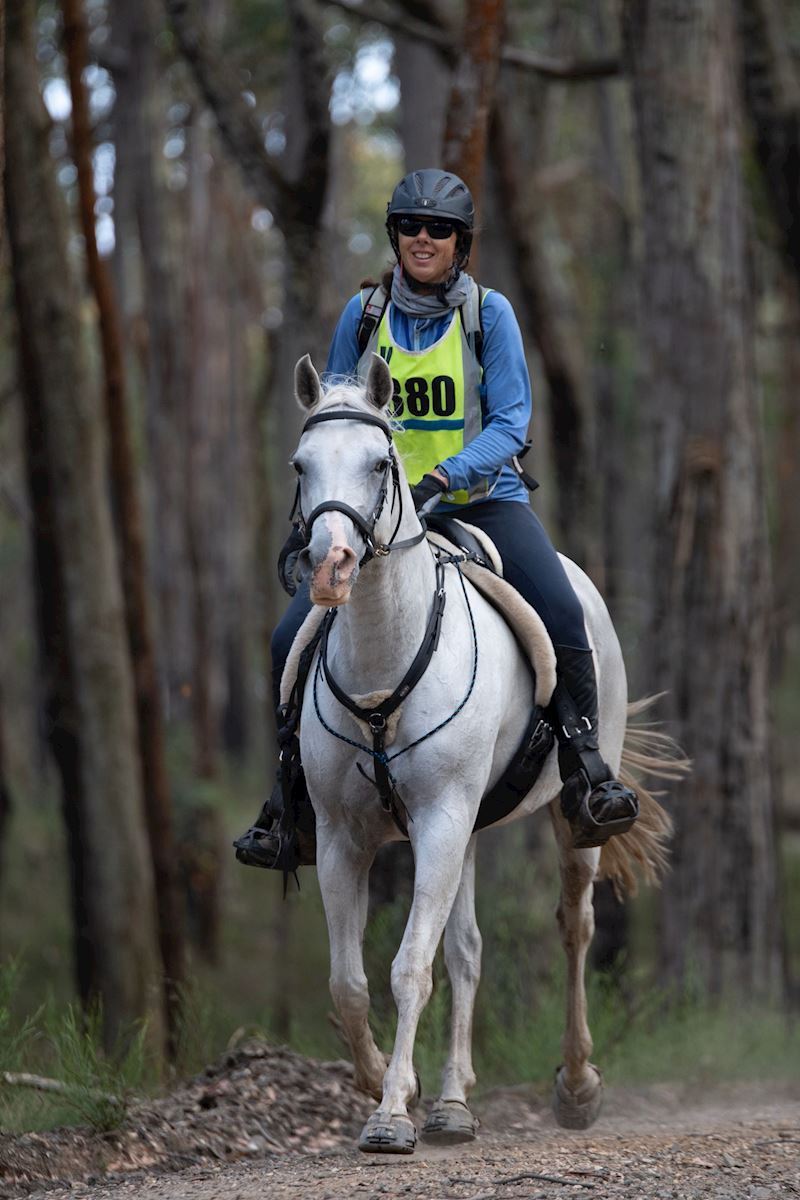 Dr Tanya Meares, Veterinarian at Western Victoria Vets, riding a grey horse through the bush
