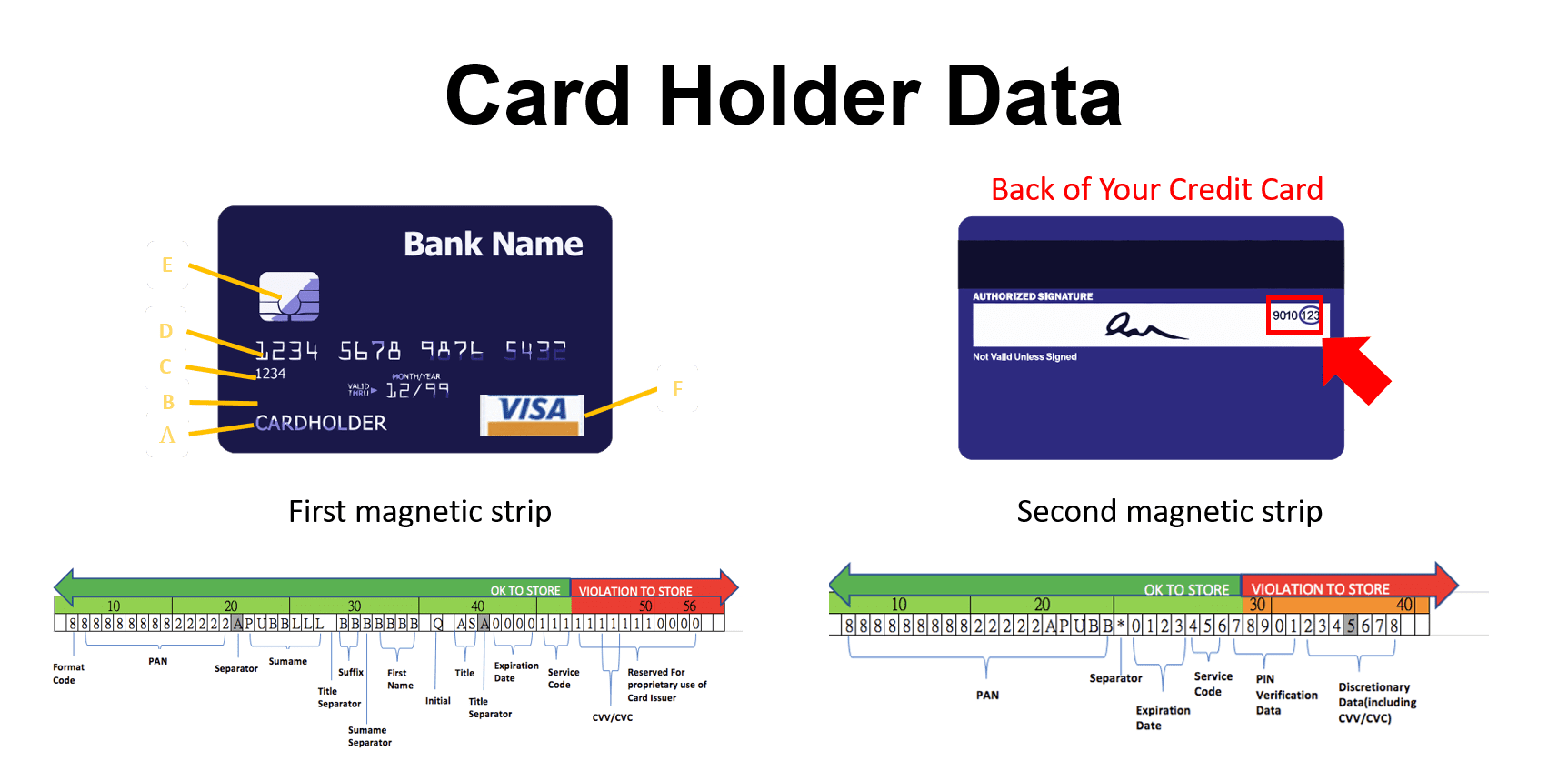 Card holder data: card front and back with magnetic strip track layouts showing what may be stored