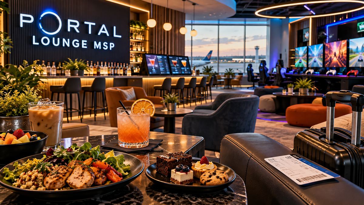 Portal Lounge MSP concept illustration showing lounge food, a cocktail, comfortable seating and video gaming stations