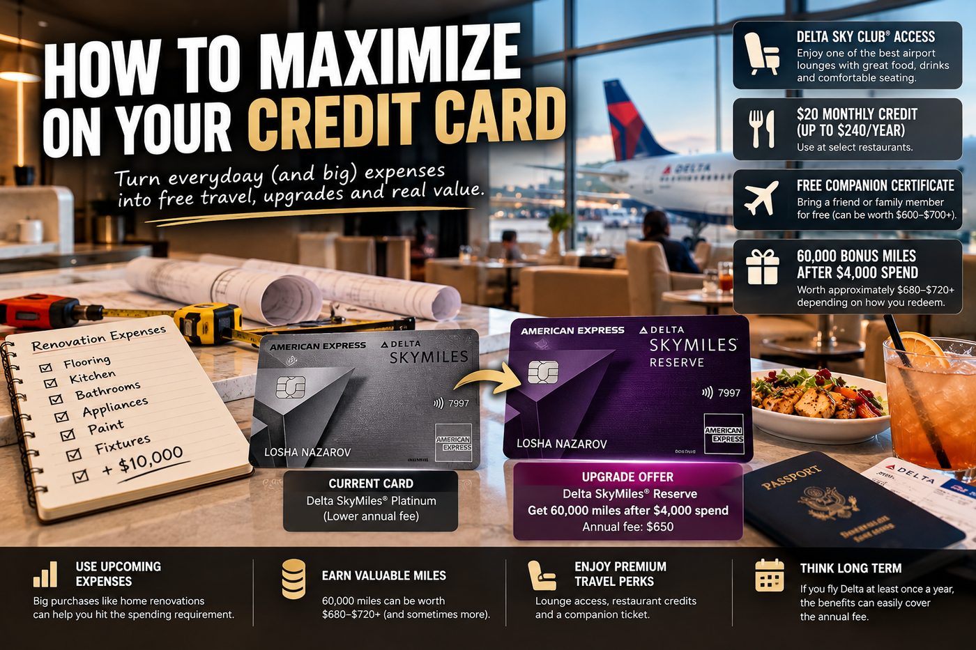 How to maximize a credit card: Delta SkyMiles Platinum upgrading to Delta SkyMiles Reserve, with renovation expenses, 60,000 bonus miles, lounge access and a companion certificate