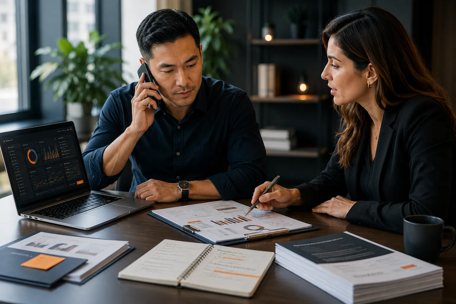 Founder on a phone call while an adviser reviews a funding-readiness dashboard, financial summaries and priority action materials.