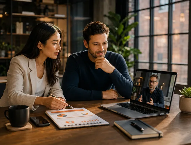 Founders and an adviser reviewing company documents, financial information and capital-readiness service options.