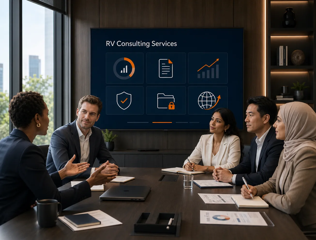 Founders and an adviser reviewing company documents, financial information and capital-readiness service options.