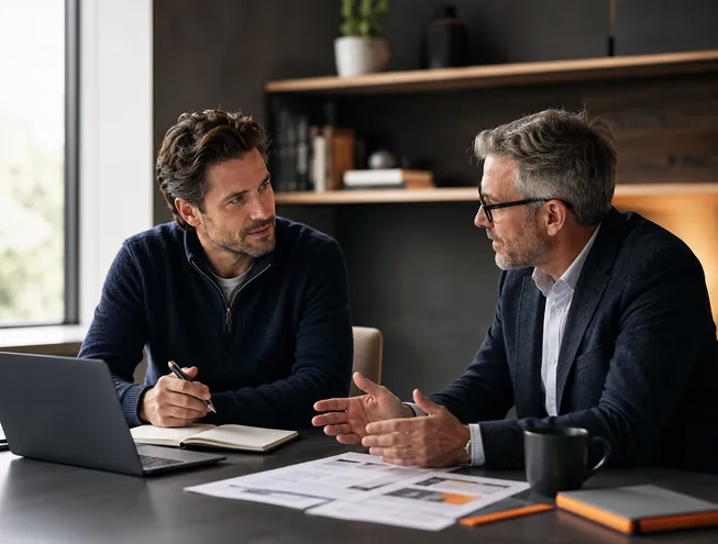 Founders and an adviser reviewing company documents, financial information and capital-readiness service options.