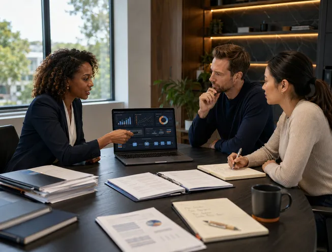 Founders and an adviser reviewing company documents, financial information and capital-readiness service options.
