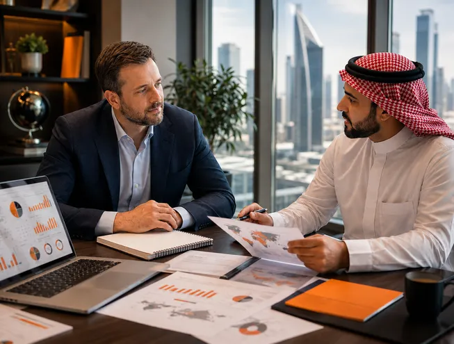 Founders and an adviser reviewing company documents, financial information and capital-readiness service options.