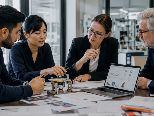 Founders and an adviser reviewing company documents, financial information and capital-readiness service options.