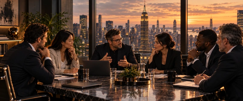 ReadyVenture Empire members discussing business strategy, private intelligence and collaboration at a private roundtable.