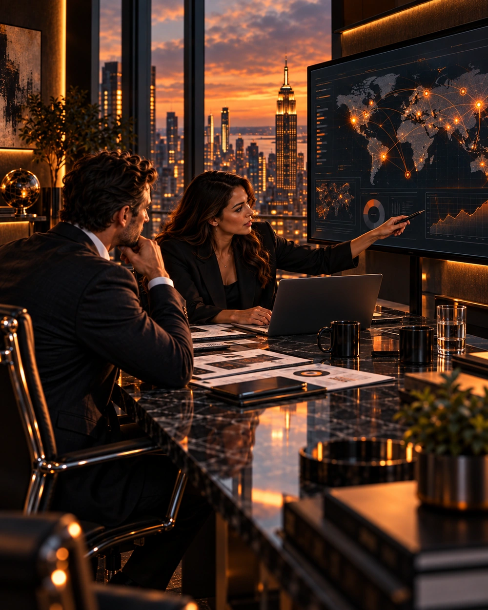 Entrepreneurs reviewing source-linked market intelligence and strategic opportunities in a private business setting.