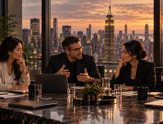 ReadyVenture Empire members discussing business strategy, private intelligence and collaboration at a private roundtable.