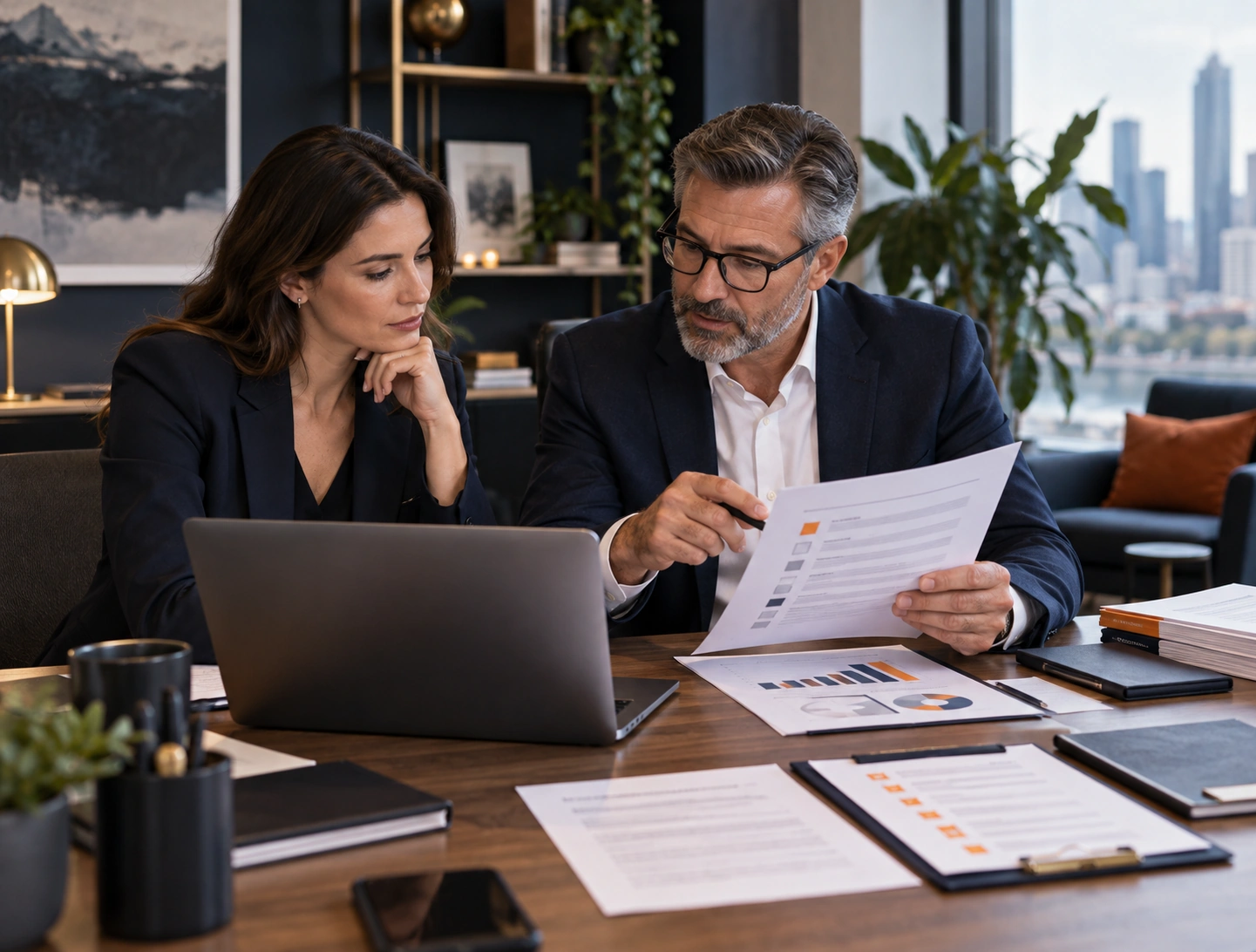 Founder and senior business adviser reviewing a funding-readiness checklist, company documents and a laptop in a modern office.