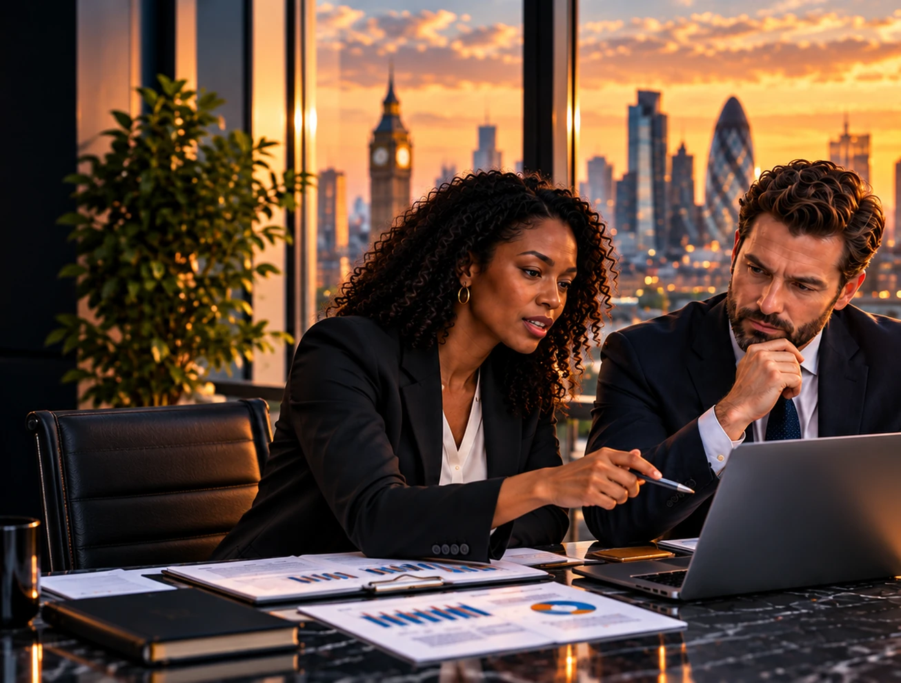 Black businesswoman and white bearded businessman reviewing funding and company-readiness materials in a premium London office at sunset.