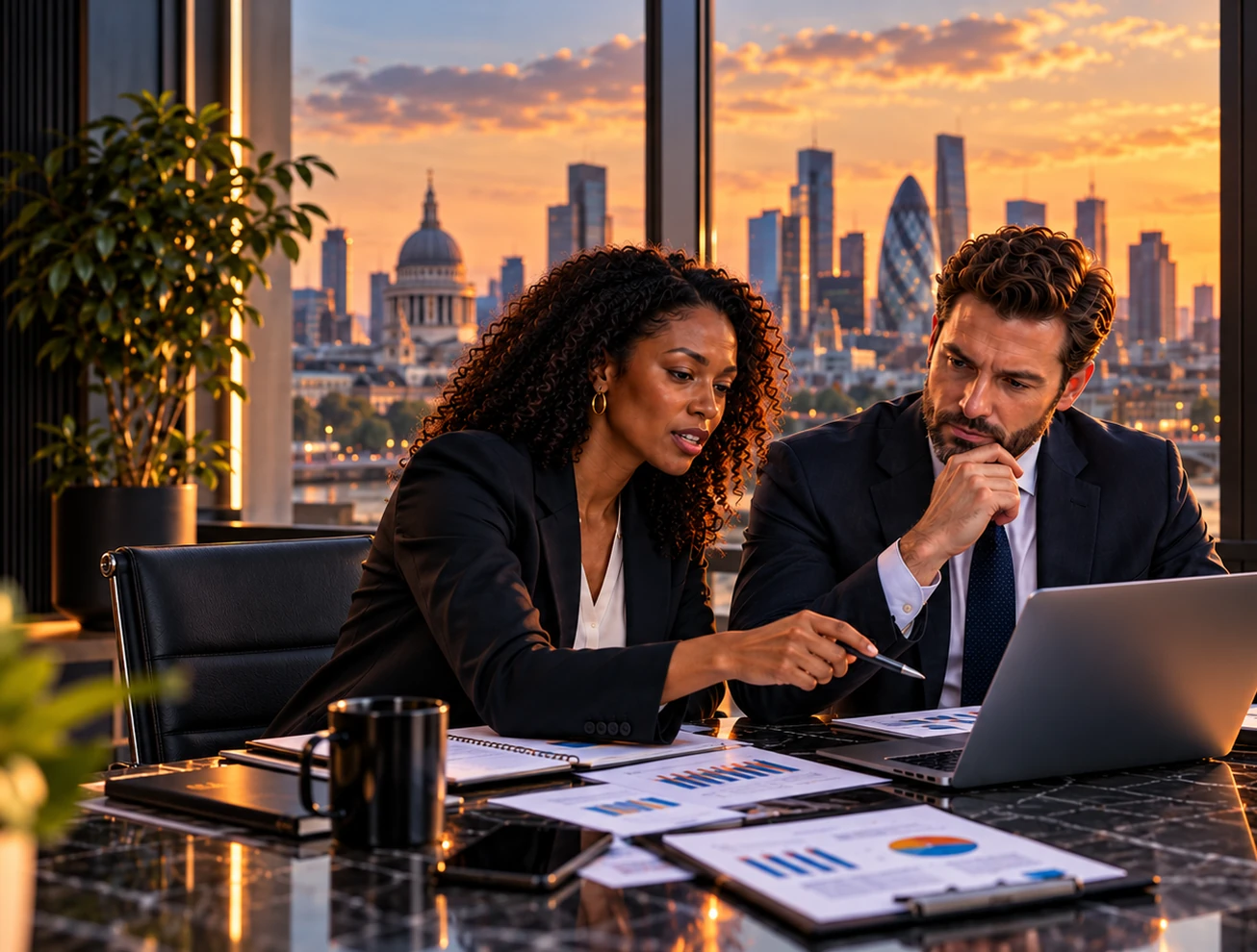 Black businesswoman and white bearded businessman reviewing company funding materials in a modern London office.