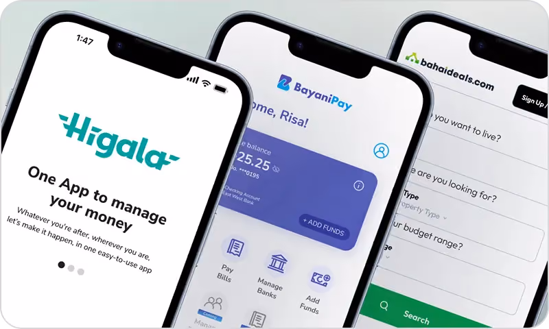 Fintech product interfaces for Higala, BayaniPay, and Bahai Deals