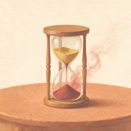 Hourglass with golden sand flowing down to red sand inside a wooden frame on a round table.