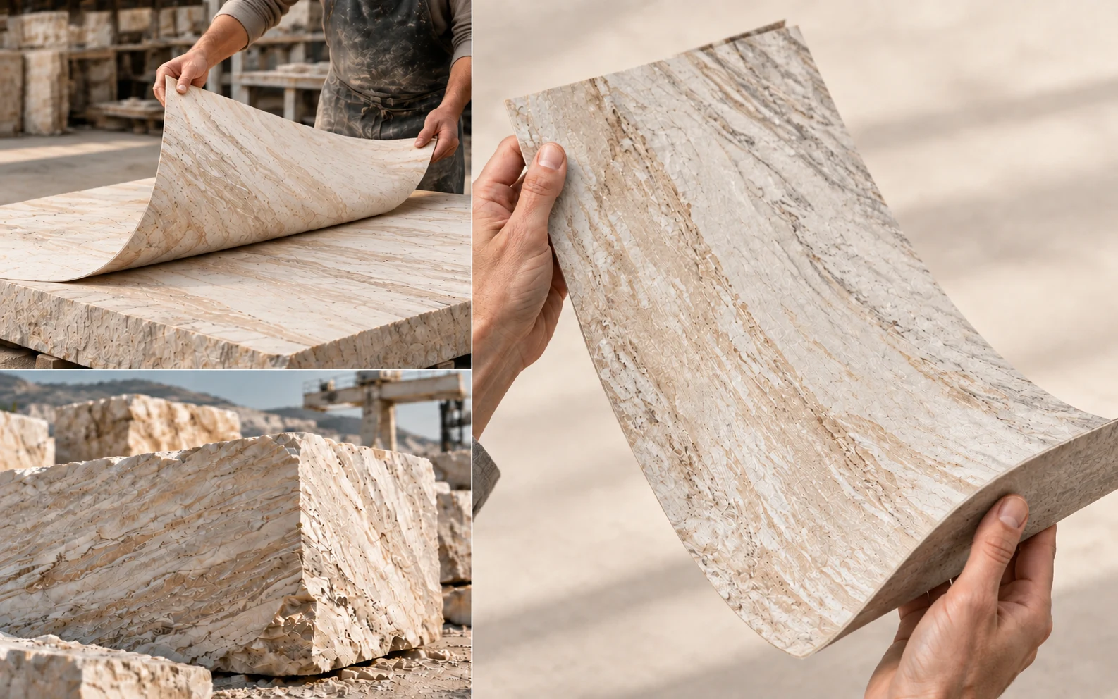 Illustration of natural stone quarrying, veneer peeling, and hands bending a flexible stone sheet.