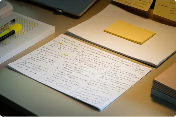 Desk with papers, notes, and a highlighter — learning materials in use