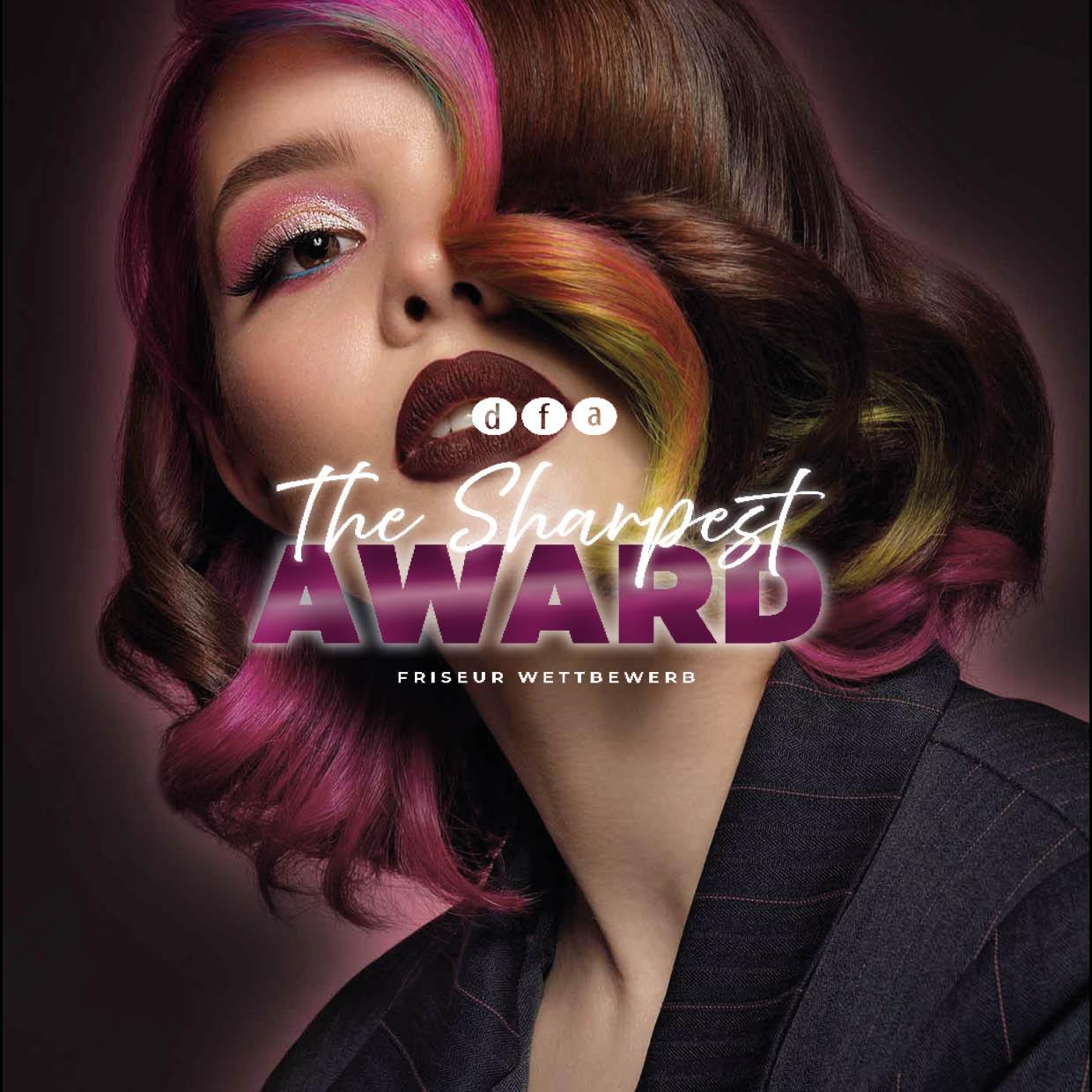 Model mit pink, grün und gelb gefärbtem Haar und Glitzer-Make-up, Key-Visual des dfa The Sharpest Award