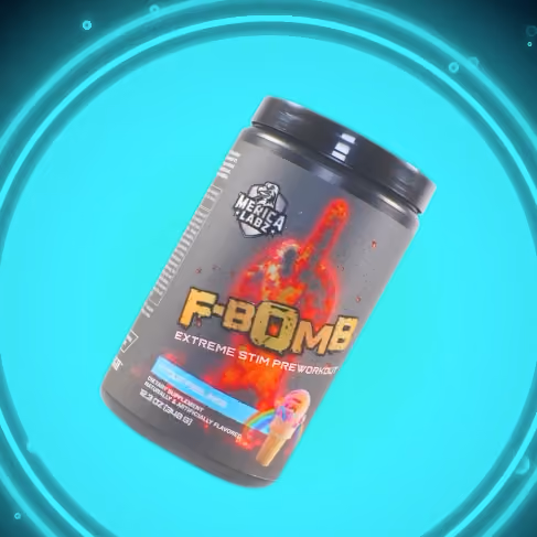 Container of Meta Labz F-Bomb extreme stim pre-workout supplement with flaming middle finger graphic.
