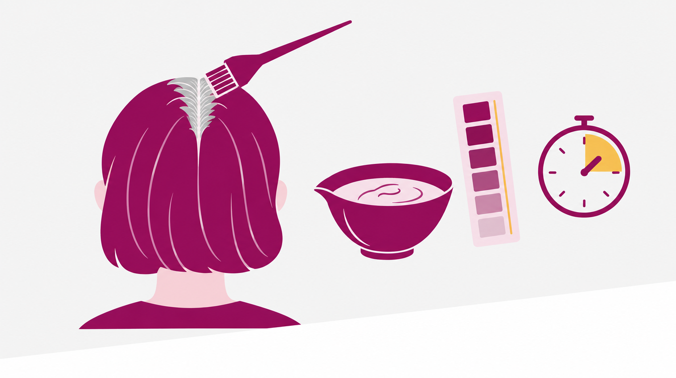 Illustration: Grauhaarabdeckung am Ansatz mit Pinsel, Farbschale und Timer