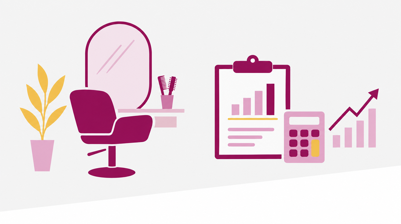 Illustration: Friseurstuhl und Spiegel neben Klemmbrett mit Diagramm und Taschenrechner
