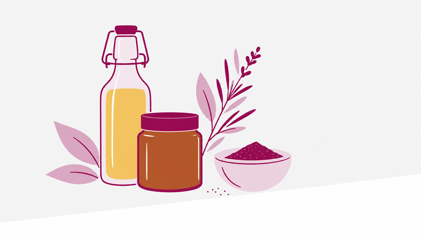 Illustration: Nachfüllflasche, Tiegel und Pflanzenhaarfarbe mit Kräuterzweig