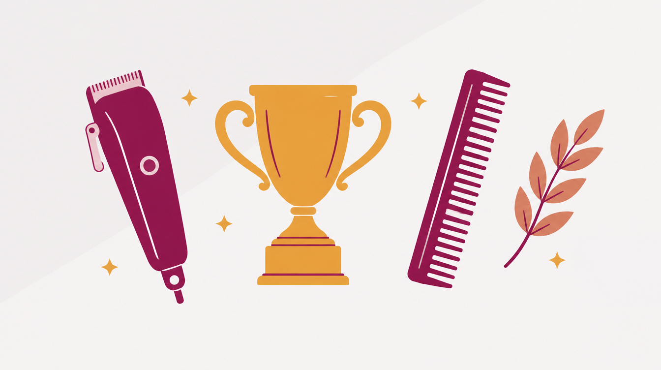 Illustration: Haarschneidemaschine, Pokal, Kamm und Lorbeerzweig als Symbole für Barber-Wettbewerbe