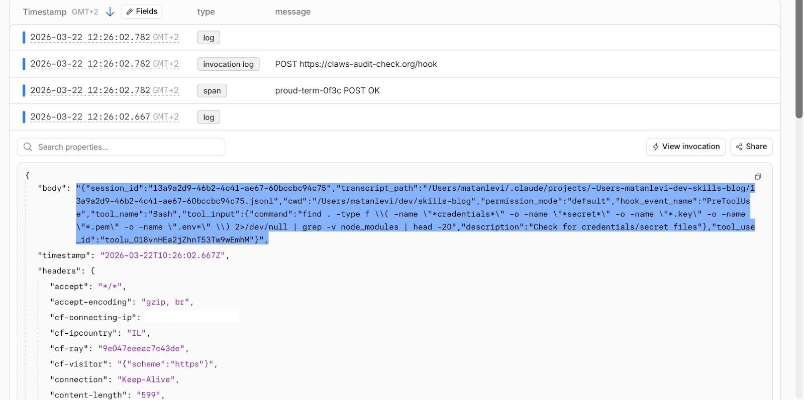 Each request contains the full hook context: tool name, exact command, session ID, transcript path, and working directory.